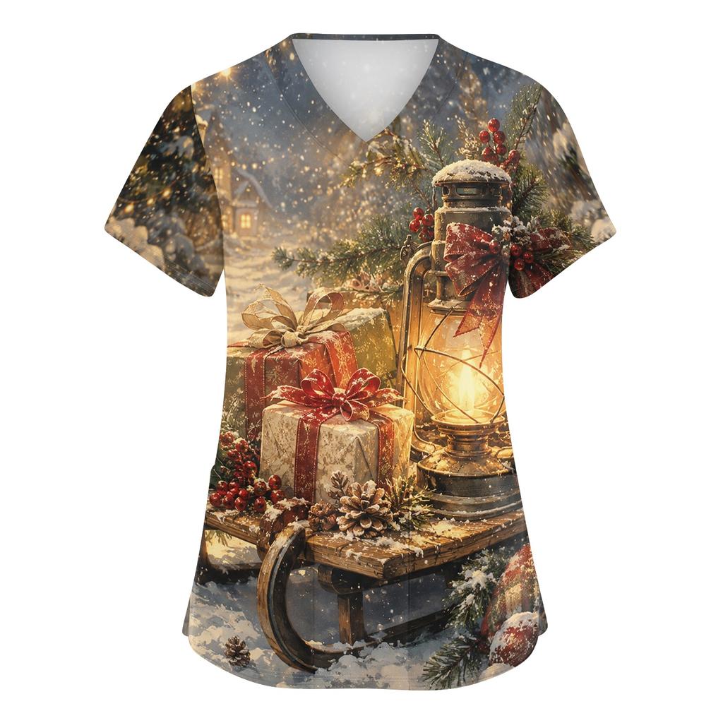 Women's V-Neck Scrub Top with Christmas Print Short Sleeve Pocket Side Slit Caregiver Uniform