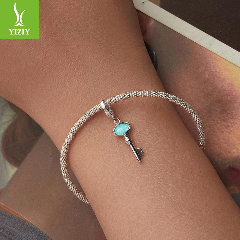 S925 Sterling Silver Blue Vintage Key Diy Pendant Accessories, Good Luck Accessories Beaded Bracelet Pendant