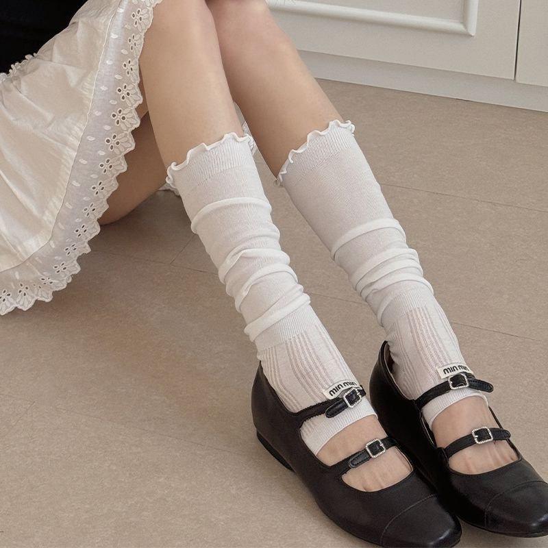 Sock-style Women's Summer/autumn Lightweight Solid-color Vertical Stripe Mid-calf Wooden-ear Cuff Breathable All-purpose Foot Cover Socks