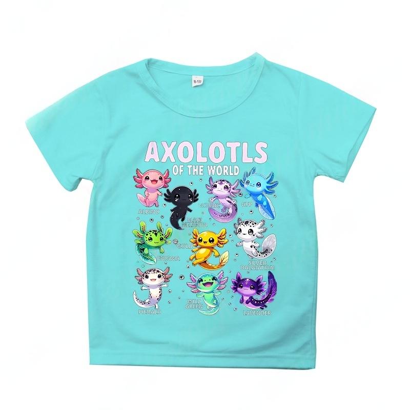 Colorful Cartoon Axolotls Graphic 3D Print T-Shirt Summer Casual Comfy Girls Clothes  Short Sleeve T-Shirt for Children Top