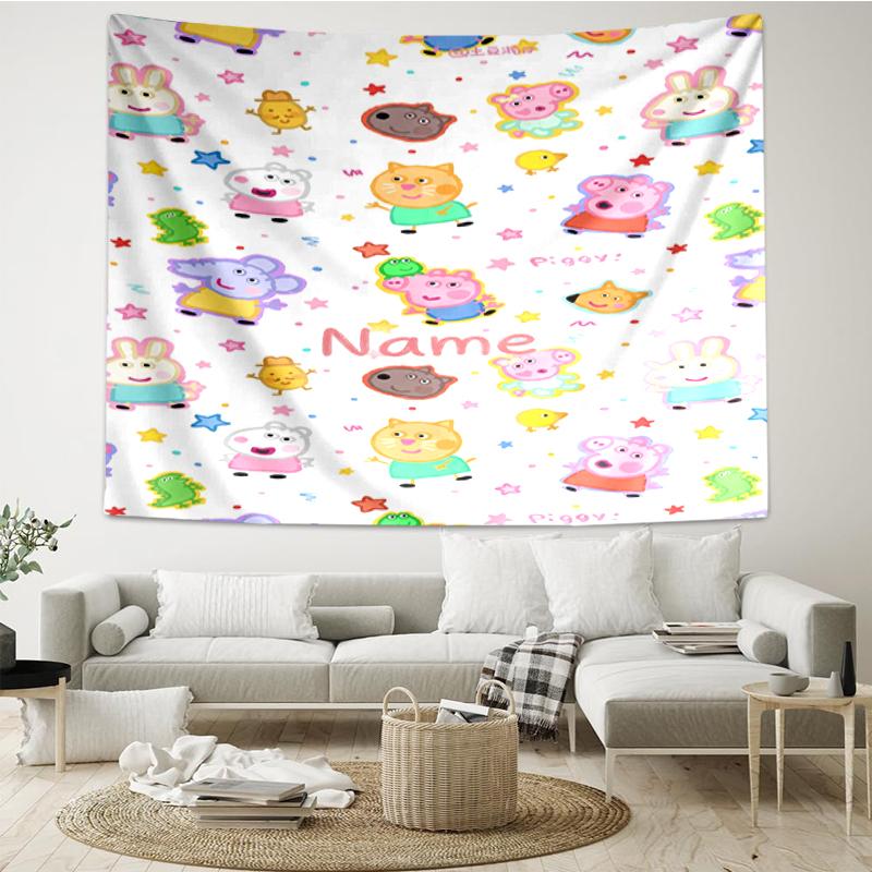 Custom Name Peppa Pig Print Tapestry, Backdrop, Easy Setup, Ideal for Bedroom, Office & Living Room, with Aesthetic Wall Hanging Decor.