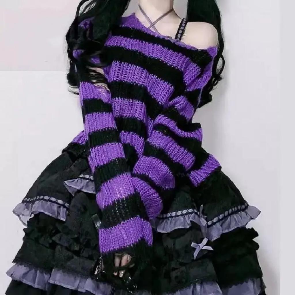 Striped Gothic Sweaters Women Ripped Holes Loose Knitted Pullover Frayed Fairy Grunge Jumpers Streetwear Lolita