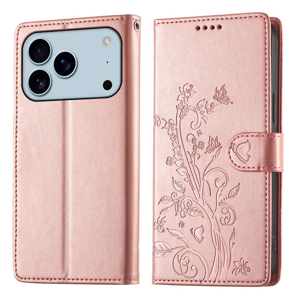 For iPhone 17 Pro Wallet Case Butterfly Floral Imprint PU Leather Phone Cover with Wrist Strap