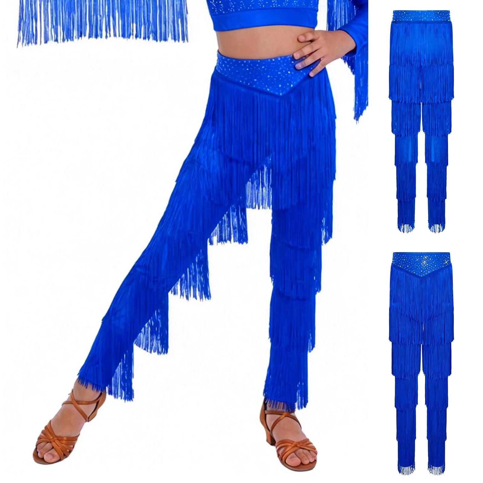 

Girls Latin Dance Bottoms Elastic Waistband Tassel Fringe Pants for Samba Rumba Cha Cha Salsa Stage Recital 5-6 Years королівський синій колір