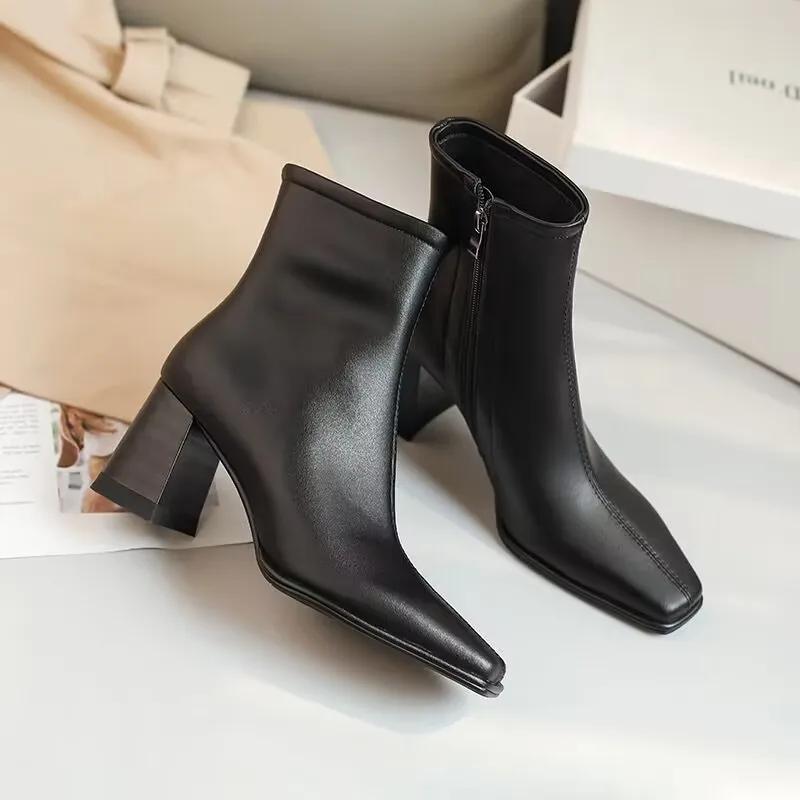 New Women Ankle Boots Square Head Suede Thick Heel Single Boots Low Barrel Mid Heel Side Zipper Solid Color Women Boots