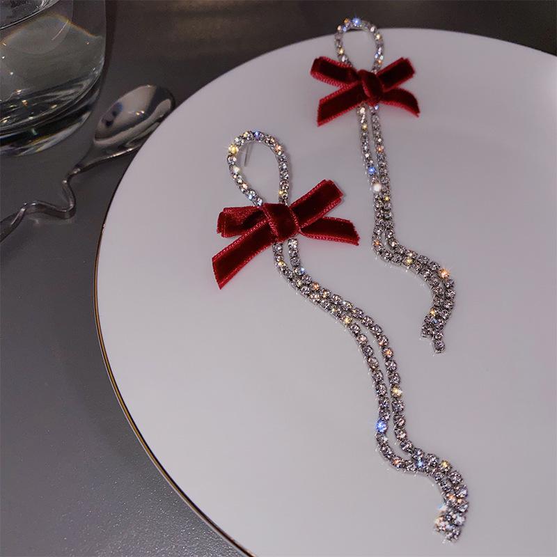 S925 Silver Needle Velvet Bow Tassel Earrings with Rhinestones - Korean Style