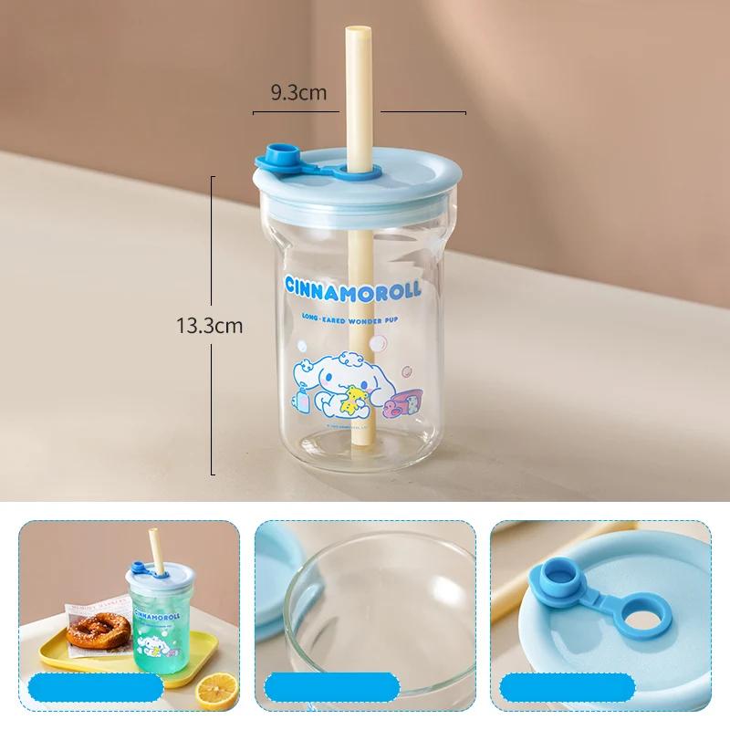 For Sanrio Collaboration Straw Cup High Borosilicate Glass Cup with Lid Cartoon HelloKitty Water Cup Home Juice Mup for Kids