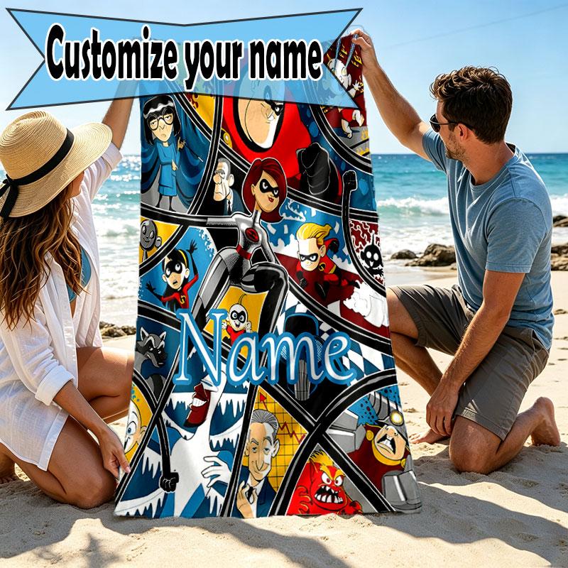 Custom Name Personalized Incredibles Print Beach Towel, for Trip Camping Beach Party Home Decor, Birthday Gift for Family & Friends