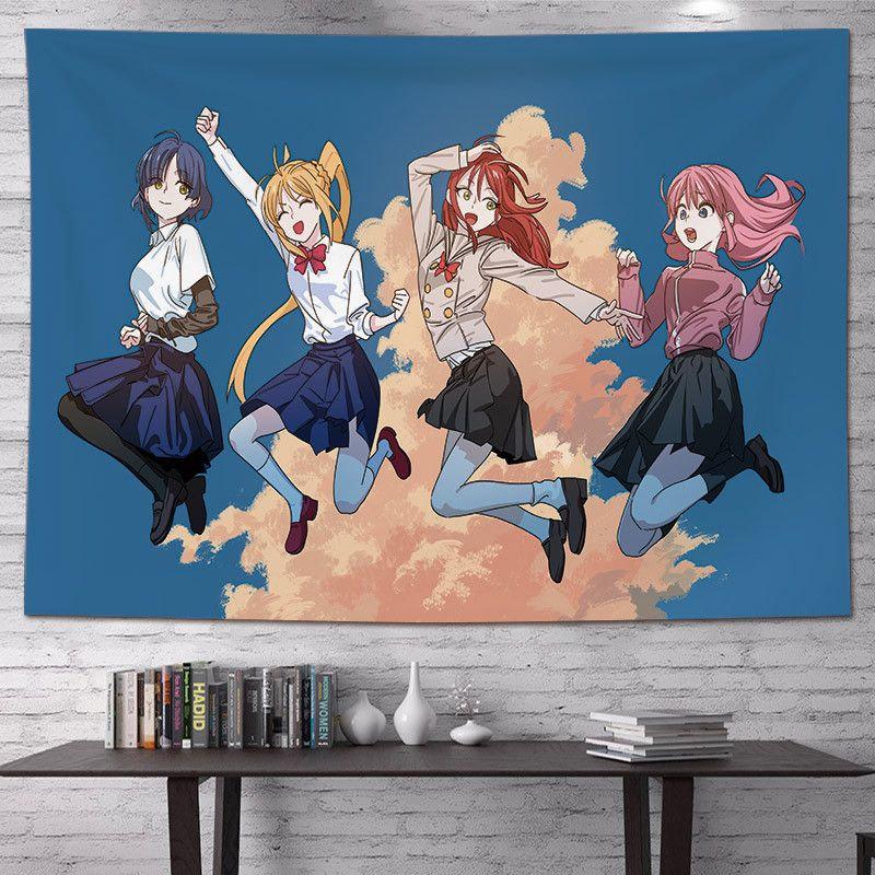 Anime Girls Friendship Tapestry Wall Hanging Peace Sign Guitar Case Colorful Aesthetic Wall Art Indie Dorm Decor
