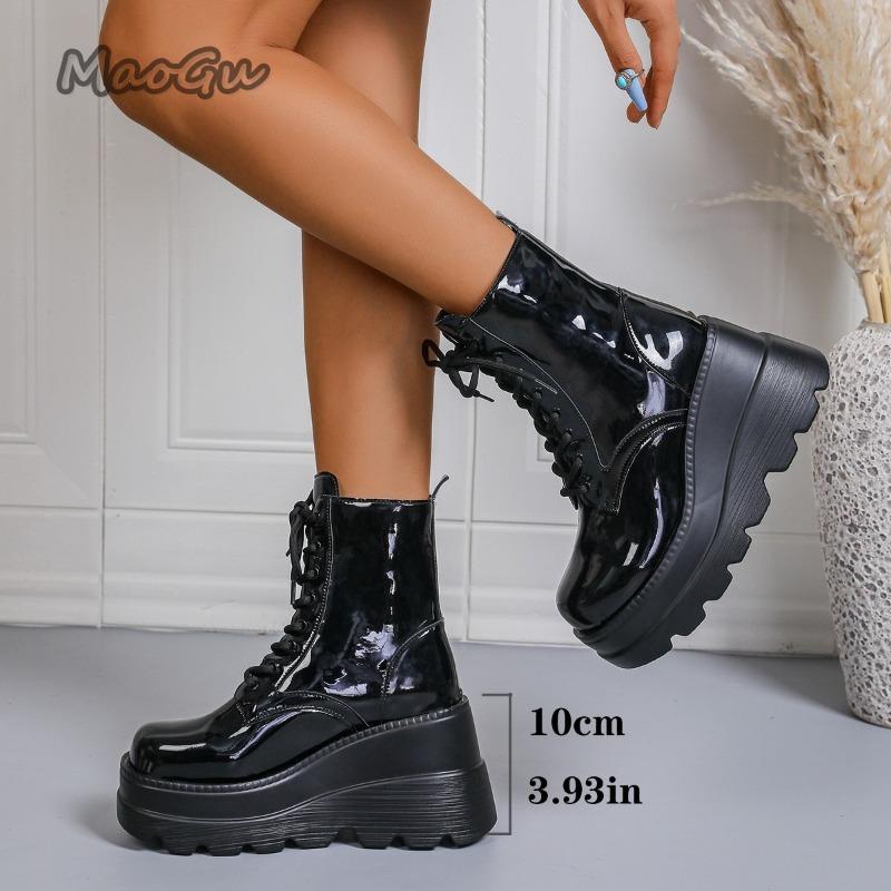 10CM Wedges Height Increasing Platform Boots Autumn British Style Short Bright Leather Ankle Boots for Women Fashion Botas Mujer