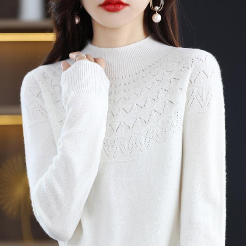 Seamless Pure Wool Women's Half-High Neck Hollow Pullover Sweater - Warm, Slim-Fitting Base Layer Knitwear