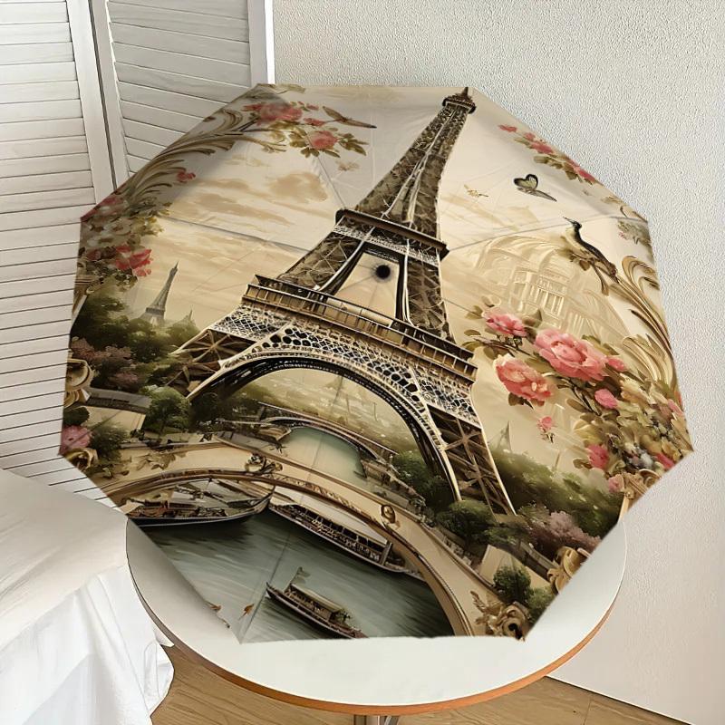 1PC Eiffel Tower Flowers Umbrella-8-Rib Reinforced, Automatic Open, Lightweight & Durable, Cute Fashion Accessory for Outdoor, Beach, or Casual Use, B