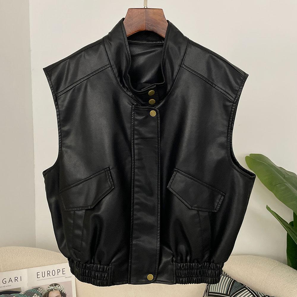 OFTBUY Mujer Vintage Chaleco Suelto Chaqueta Corta de Cuero Sintético PU con Cinturón Chaqueta de Motocicleta Femenina Cremallera Retro Moto Biker Abrigo Prendas de Abrigo Tops