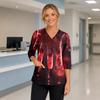 Womens V Neck Halloween Print Medical Scrub Top with Three Quarter Sleeves Side Slits and Front Pocket Nursing Uniform Shirt