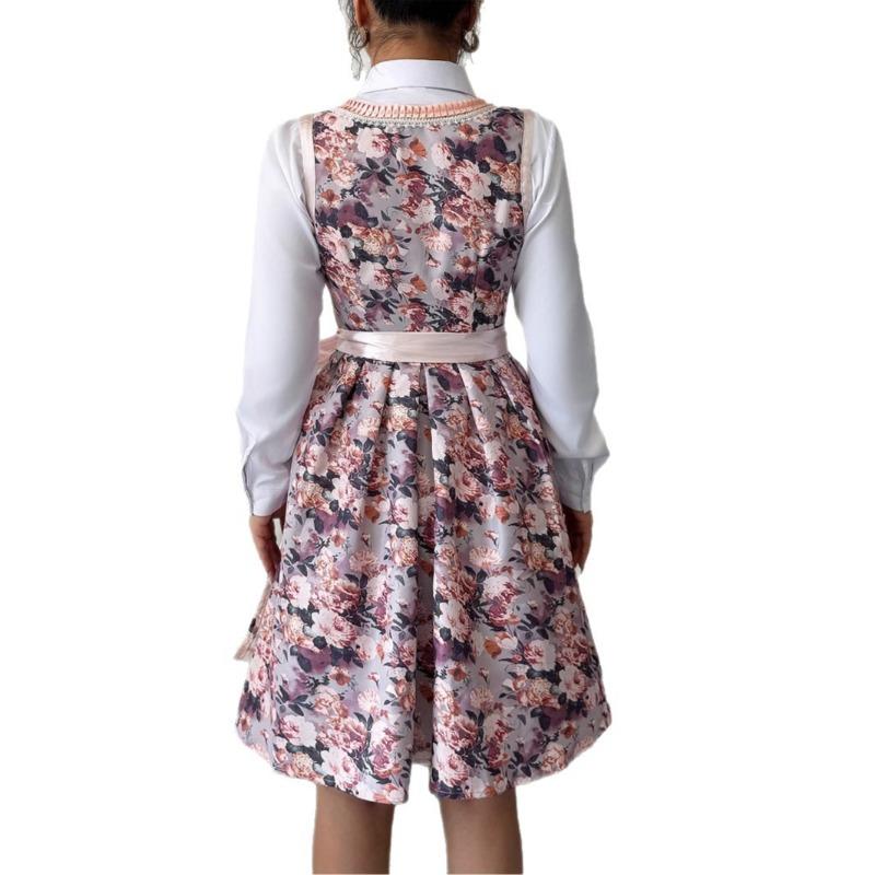 Simple and Fashionable Style Print Floral Bouquet Waist Long Dress Dress Women's Spring and Summer