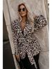 2024 Autumn Women's Leopard Print Tie-Waist Suit Collar Long Sleeve Coat - European & American Style