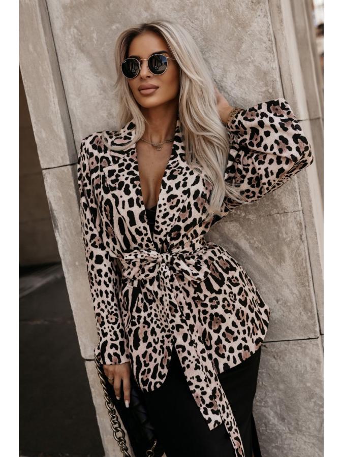2024 Autumn Women's Leopard Print Tie-Waist Suit Collar Long Sleeve Coat - European & American Style