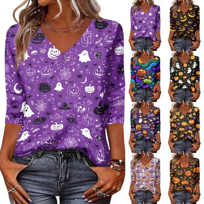 Women's Halloween Print V Neck 3/4 Sleeve Casual Top Lightweight Soft Fabric Relaxed Fit Pullover Shirt for Seasonal Wear