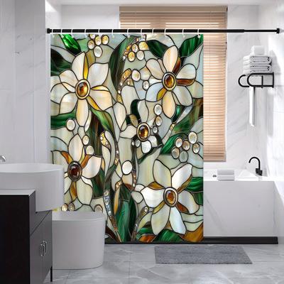 Elegant Floral Stained Glass Shower Curtain - 70.8x70.8In, Machine Washable Polyester, 12 Hooks, Fashion Mosaic Art Bath Decor