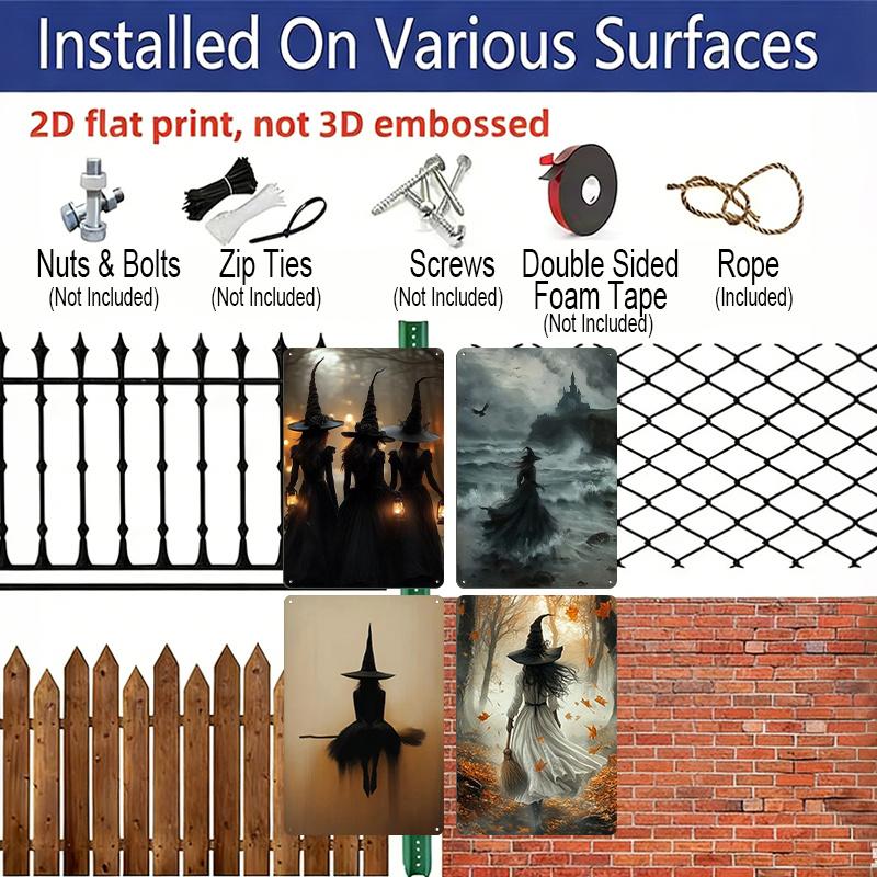 2D Flat 4pcs Gothic Witch Themed Metal Signs‑8.0x12.0 Inch Aluminum Wall Art, Vintage Dark Witch Silhouette Halloween Decor, Pre‑Drilled Holes