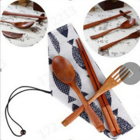 Japanese Style Portable Cutlery Set: Wooden Chopsticks, Fork, Spoon with Binding Wire and Cloth Bag for Outdoor Travel