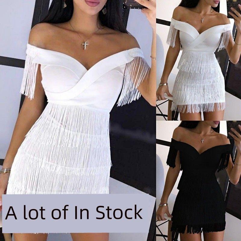 

Cross-Border Fashion Style Summer Fashion Tight Dress Amazon Hot Sexy off-the-Shoulder Tassel Tight Skirt White S