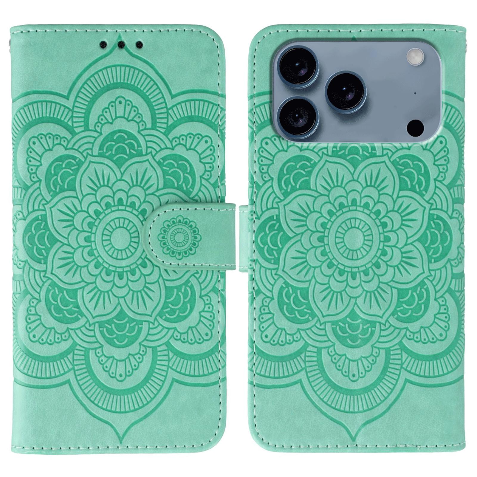 

For iPhone 17 Pro Case PU Leather Mandala Imprinted Design Wallet Phone Cover with Wrist Strap Green