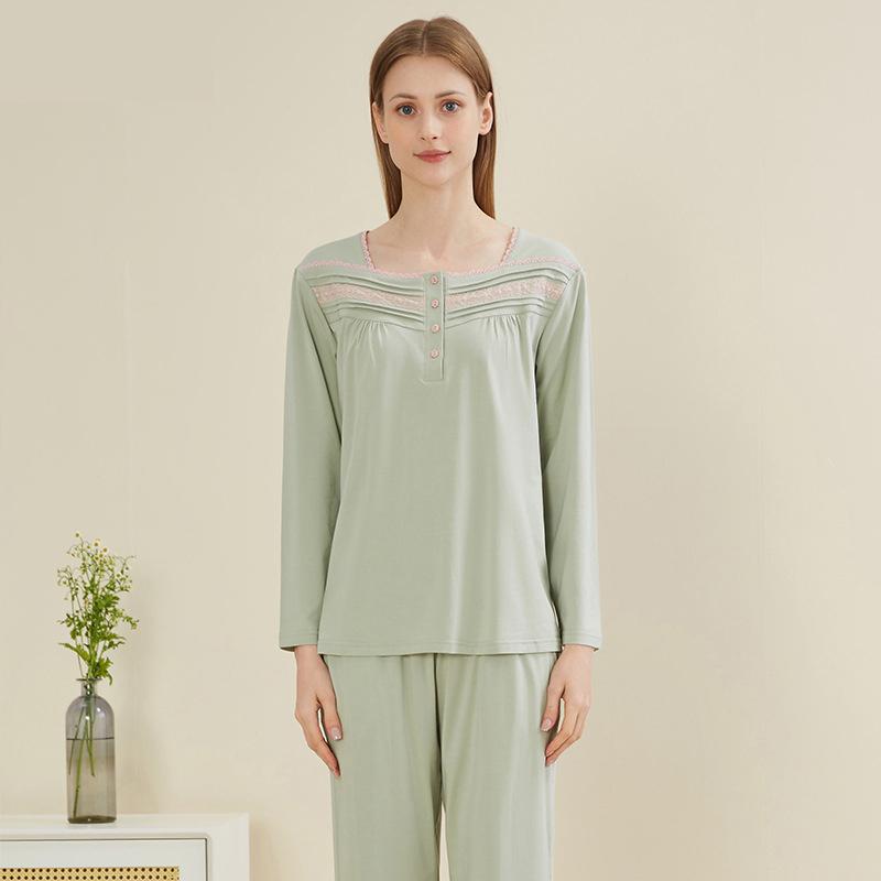 Square Collar Modal Cotton Pajamas Set Women's Elegant Casual Pajamas Autumn Long-sleeved Pants Two-piece Home Wear Set