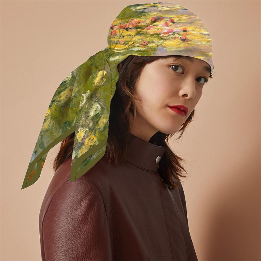 Silk Scarf Women Lotus Print Square Scarves Head Echarpe Silk Foulards Femme Wraps Beach Shawls Bandana Lady Hijabs 90CM