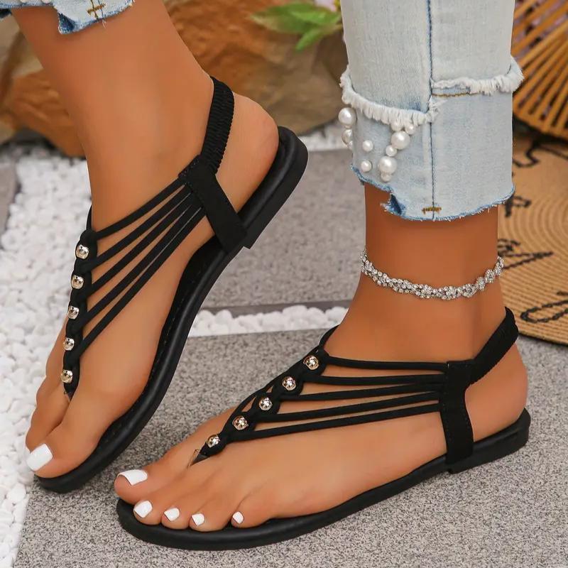 Ladies' Bohemian Style Adjustable Ankle Strap Flat Sandals, White Summer Beach Party Casual Outdoor and Vacation Shoes