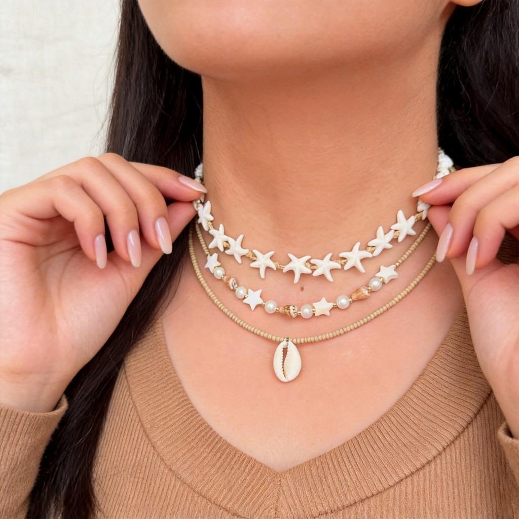 Muschel-Perlenkette mit Perlen-Lagen-Design für Damen Sommer