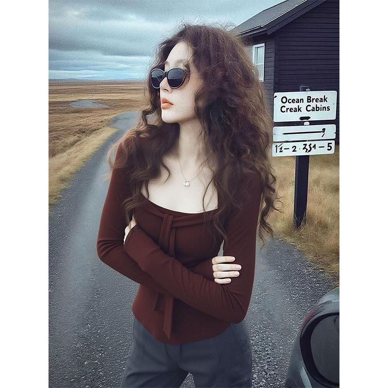 Chic Coffee Square-Neck Slim-Fit Long-Sleeve Top for Women - Perfect for Autumn & Winter Large