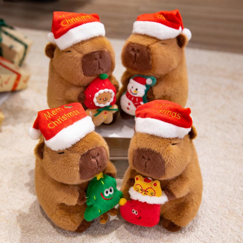 Kawaii Capybara Plush Toy New Year Red Hat Capibara Anime Doll Santa Hat and Tree Stuffed Christmas Gift Sleep Companion