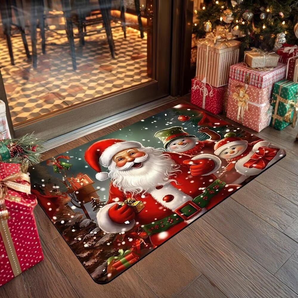Christmas Dwarf Carpet Mat Merry Christmas Holiday Non Slip Carpet Snowman Santa Claus Pattern Home Entrance Foot Mat
