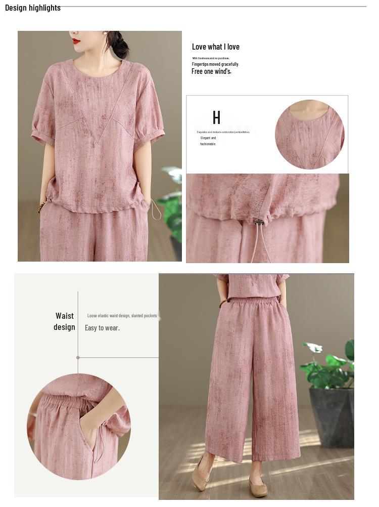2026 Summer Retro Ethnic Cotton Linen Short Sleeve Top + Wide Leg Pants Set