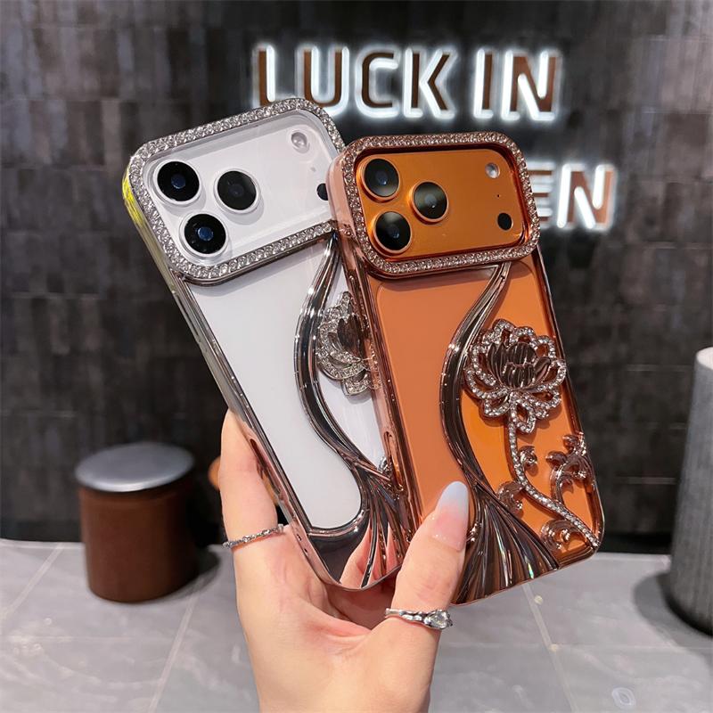 Glitter Rhinestone Flowers Transparent Phone Case For iPhone 17 Air 16 15 14 13 12 11 Pro Max Plus Plated Armor Frame Back Cover
