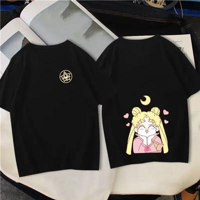 Sommar Dam T-shirt Kawaii Japansk Anime Sailor Moon Vit/Svart T-shirt Unisex Kläder Kortärmade Toppar Y2k Streetwear