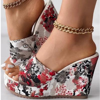 Chaussons tendance pour femmes, plateforme, imprimé floral vintage, bout ouvert, talons hauts, imprimé floral, pantoufles pour femmes, chaussures d'été