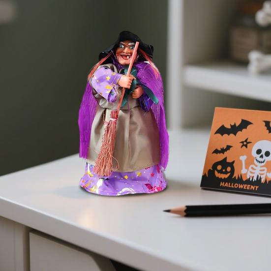 Halloween Witch Doll Decoration Spooky Witch Statue with Broomstick for Home Living Room Fireplace Mantel End Table Desktop Decor