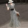 Elegant V-Neck Striped A-Line Belted Commuter Dress