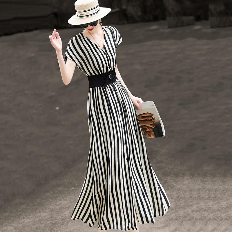 Elegant V-Neck Striped A-Line Belted Commuter Dress L