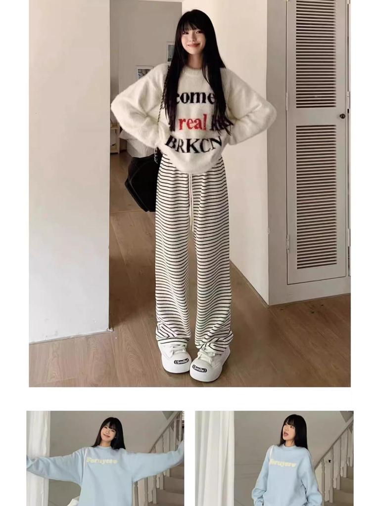 Women's Black and White Striped Terry Pants: High-Waist, Loose, Wide-Leg, Casual Fleece, Spring/Autumn 2025.