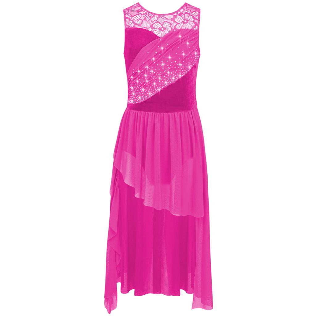 Dívčí výkonnostní šaty Krajková patchworková vsadka Řasený síťovaný přehoz Asymetrický lem Třpytivé kamínky Taneční oděv