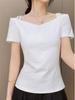 Trendy 2025 Off-Shoulder V-Neck Women's T-Shirt with Slimming Fit, Short Sleeves, and Open Back, Featuring Single/Double Shoulder Straps