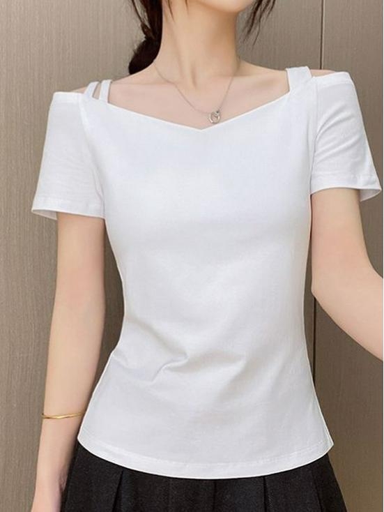 Trendy 2025 Off-Shoulder V-Neck Women's T-Shirt with Slimming Fit, Short Sleeves, and Open Back, Featuring Single/Double Shoulder Straps