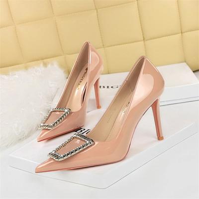 Fashion Woman 10cm High Heels Patent Leather Shallow Mouth Pointed Toe Wedding Rhinestone Crystal Metal Buckle Fashion Office Shoes