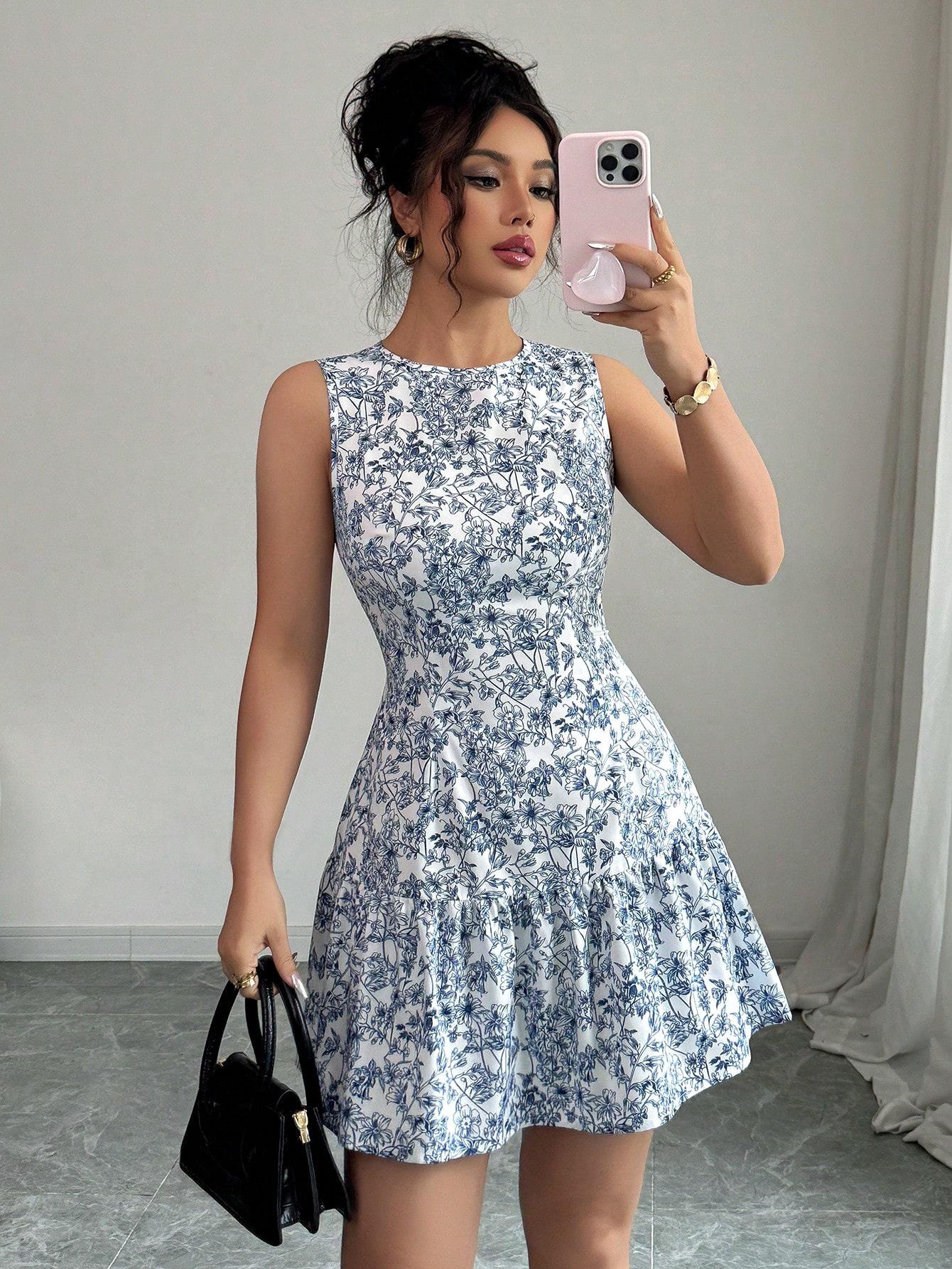 

European American Retro Floral Camisole Short Dress: Sleeveless Vacation Style Extra Large небесно-голубой