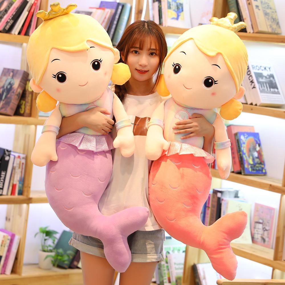 Cute Crown Mermaid Plush Doll Girl Sleeping Hugging Cloth Doll Pillow Colorful Princess Fish Doll Gift