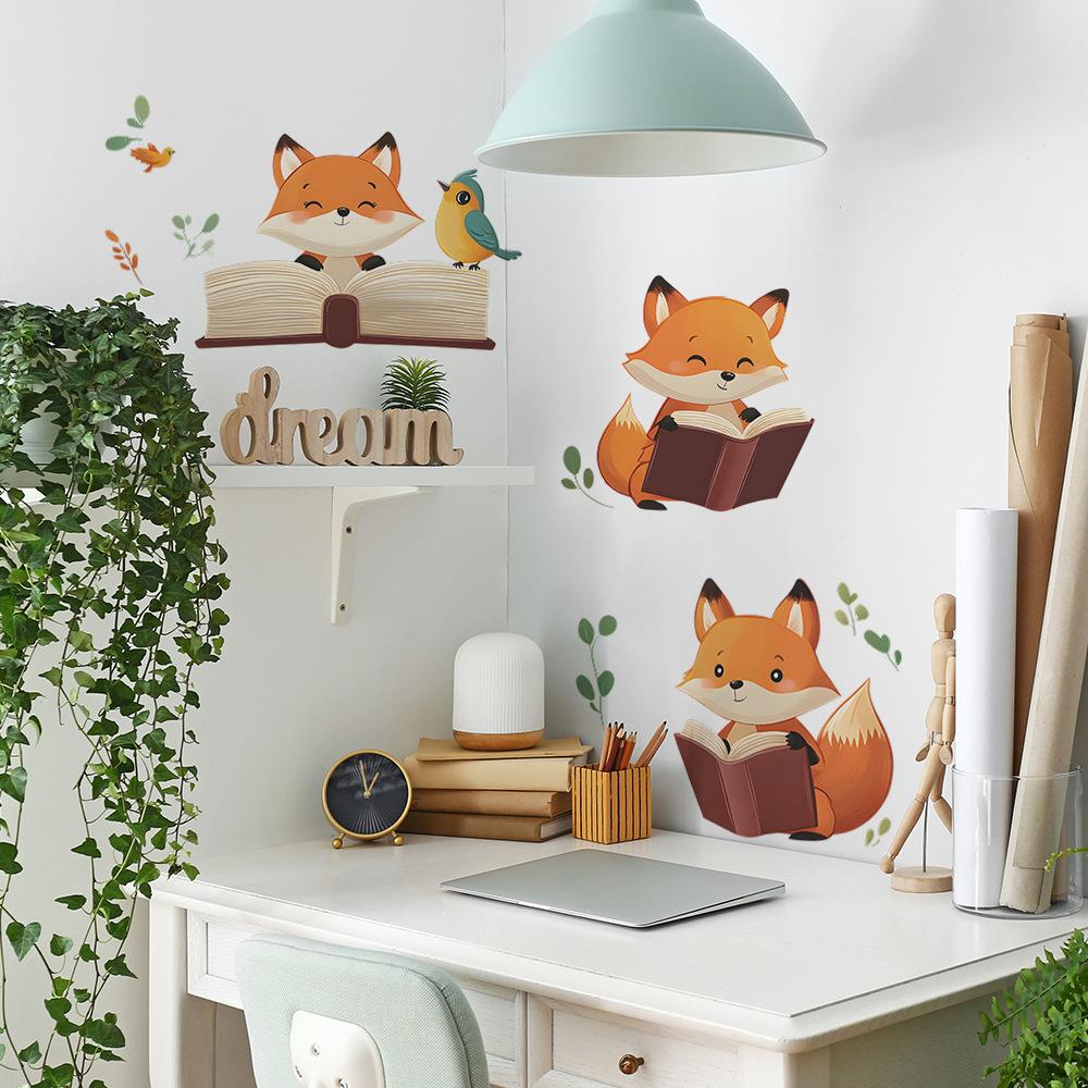 Cartoon Cute Fox Reading A Book Bedroom Study Background Beautification Decoration Wall Stickers