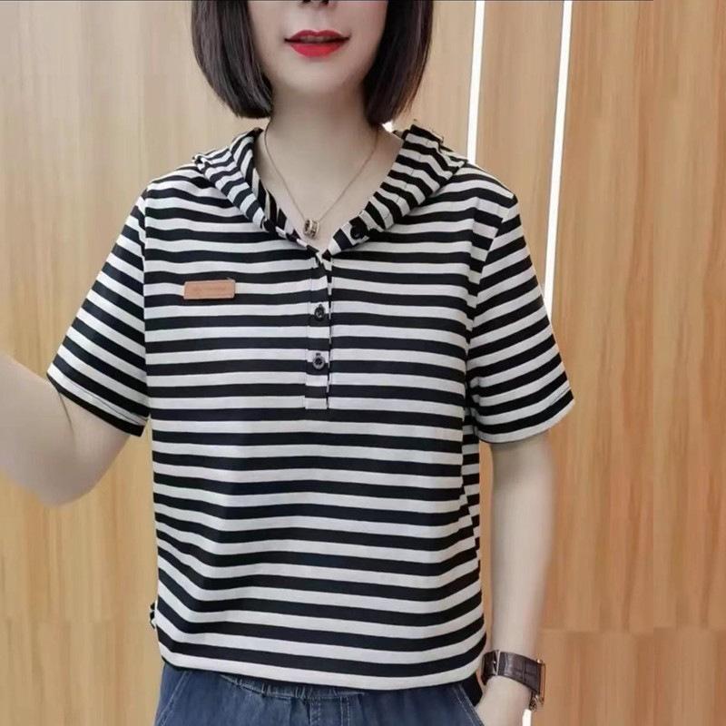 Casual large-size short-sleeved summer new foreign-style versatile loose literary hooded short-sleeved T-shirt top